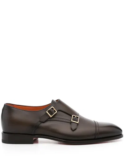 Santoni Leather Monk Shoes In Brown