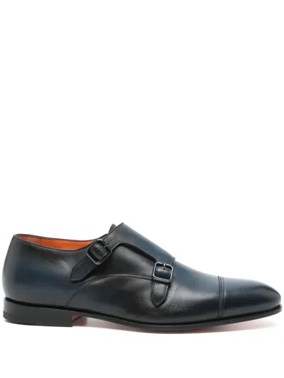Santoni Leather Monk Shoes In Blue