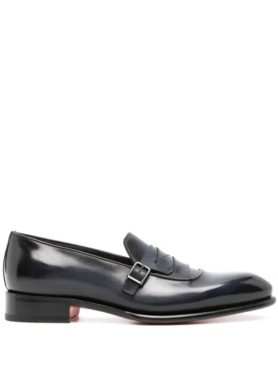 Santoni Leather Monk Shoes In Blue