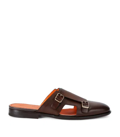 Santoni Leather Monk Slippers In Brown