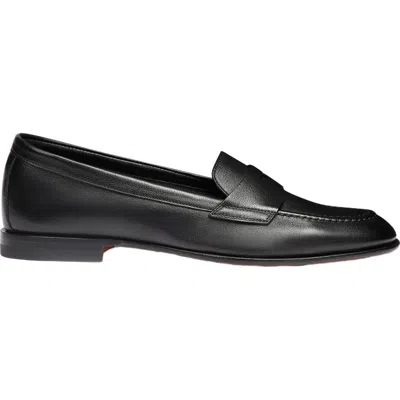 Santoni Leather Penny Loafer In Black