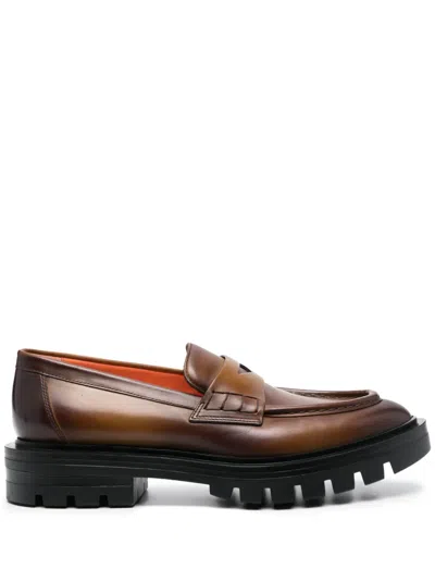 Santoni Leather Penny Loafers In Brown