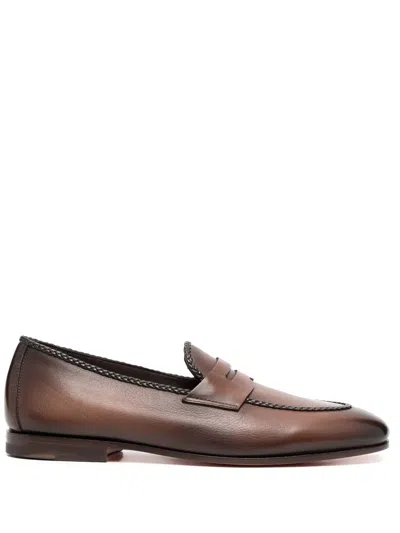 Santoni Leather Penny Loafers In Braun