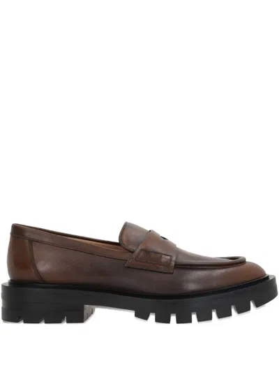 Santoni Leather Penny Loafers In Brown