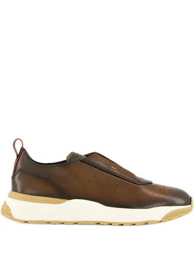 Santoni Leather Slip-on Trainers In Brown