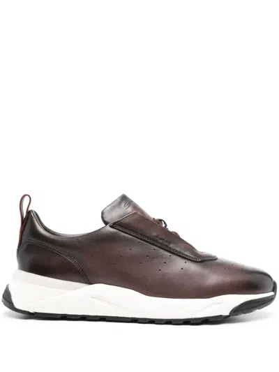 Santoni Mens Dark Brown Innova Perforated Leather Low-top Trainers In Braun