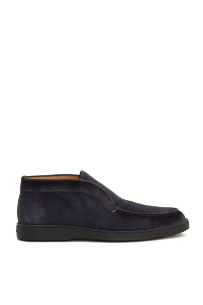 Santoni Leather Suede Round Toe Slip-on Flats For Men In Blue