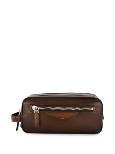 Santoni Leather Wash Bag In Brown