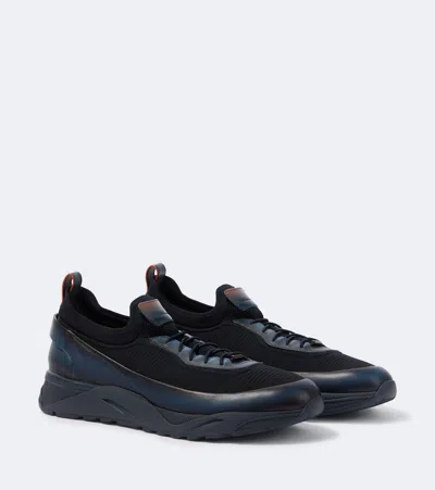 Santoni Leather-trimmed Knitted Sneakers In Black