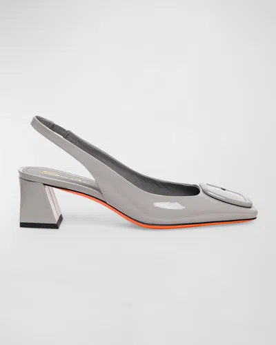Santoni Lemon Patent Buckle Slingback Pumps In Grey