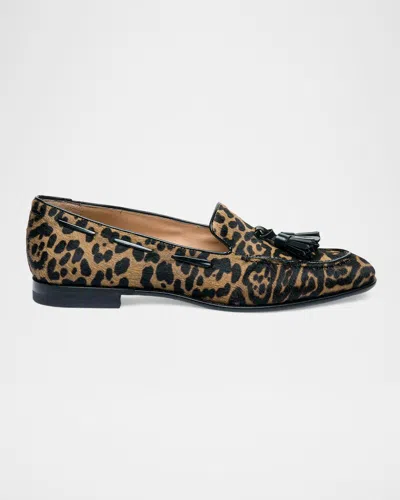 Santoni Leopard Calf Hair Tassel Loafers In Multi