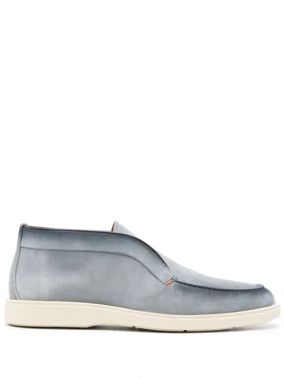 Santoni Light Blue Calf Leather Suede Loafers
