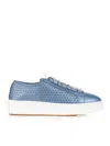 Santoni Light Blue Sneaker In Laminated Perforated Leather In Blue