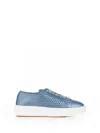 Santoni Light Blue Sneaker In Laminated Perforated Leather