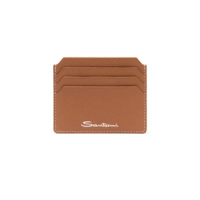Santoni Light Brown Tumbled Leather Credit Card Holder