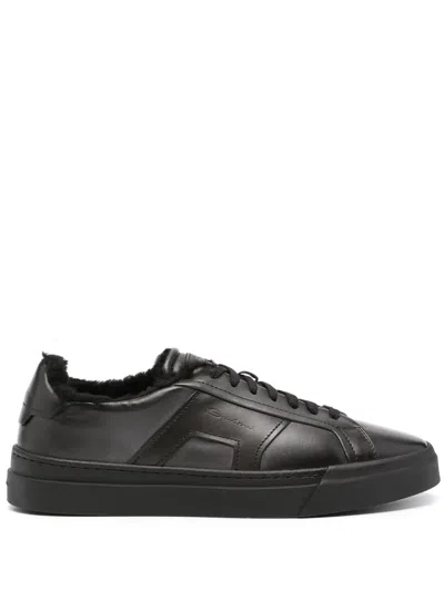 Santoni Logo-debossed Leather Sneakers In Black