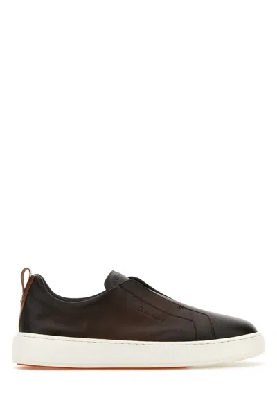Santoni Logo Embossed Round Toe Sneakers In Brown