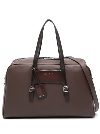 Santoni Logo-stamp Leather Holdall In Brown