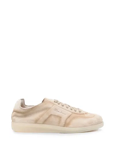 Santoni Lace Up Low Top Suede Sneakers Rubber Sole In Brown