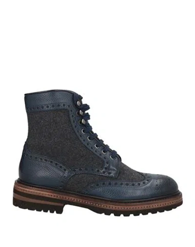 Santoni Man Ankle Boots Navy Size 7 Leather, Textile Fibers In Blue