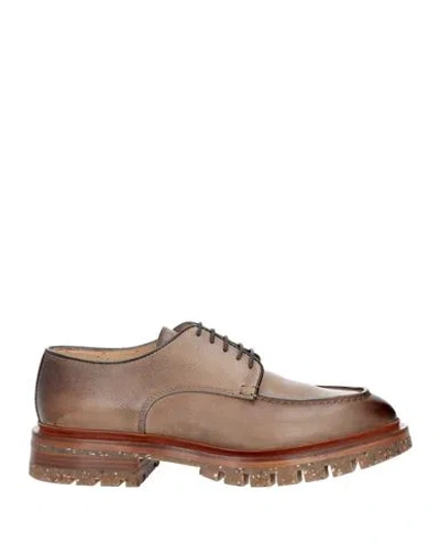 Santoni Man Lace-up Shoes Khaki Size 9 Soft Leather In Beige