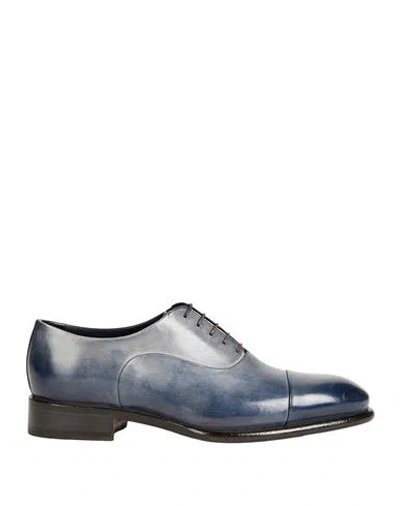 Santoni Man Lace-up Shoes Slate Blue Size 9 Soft Leather In Blue