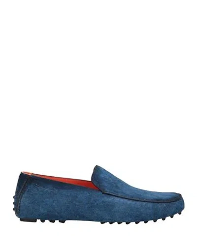 Santoni Man Loafers Blue Size 9 Calfskin, Textile Fibers