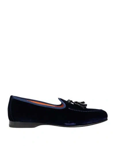 Santoni Man Loafers Navy Size 7 Textile Fibers, Leather In Blue