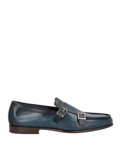 Santoni Man Loafers Navy Size 9 Leather In Blue