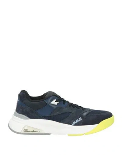 Santoni Man Sneakers Midnight Blue Size 9 Leather, Textile Fibers