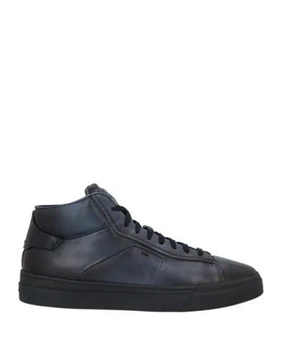 Santoni Man Sneakers Navy Size 8.5 Leather In Blue