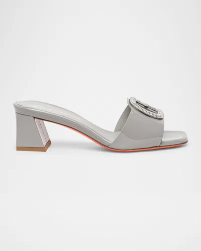 Santoni Marta Patent Crystal-buckle Mule Sandals In Gre