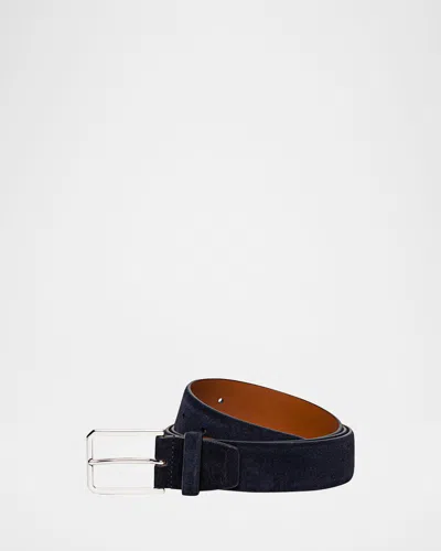 Santoni Men & Apos;s Rectangle-buckle Hand-burnished Suede Belt In Blue