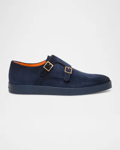Santoni Men's Bankable Suede Double-monk Strap Sneakers In Blue