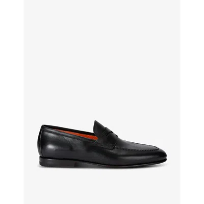 Santoni Mens Black Carlos Flex Leather Penny Loafers