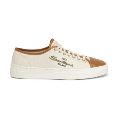 Santoni Men's Brown Leather And Canvas Sneaker Natural