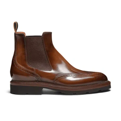 Santoni Men's Brown Leather Chelsea Brogue Boot Urbino Brown