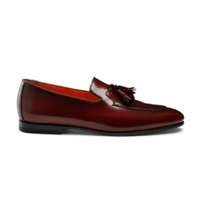 Santoni Men's Burgundy Leather Tassel Loafer Red
