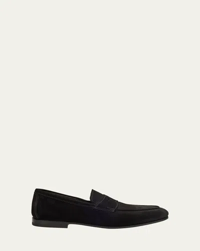 Santoni Men's Carlos Suede Penny Loafers In Black