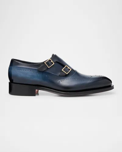 Santoni Men's Carter Brogue Leather Double Monk-strap Loafers In Blue