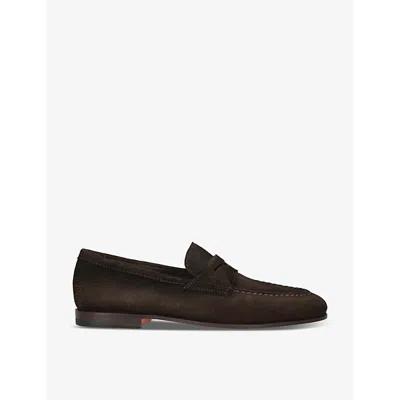 Santoni Mens Dark Brown Carlos Suede Penny Loafers