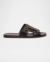 Santoni Men's Duo Woven Leather Double-buckle Slide Sandals In Dark Brown