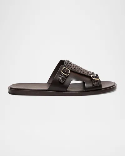 Santoni Men's Duo Woven Leather Double-buckle Slide Sandals In Dark Brown