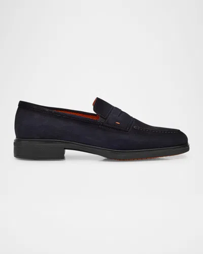 Santoni Men's Easy Suede Penny Loafers In Blue
