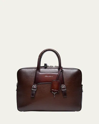 Santoni Men's Embossed Leather Computer Briefcase In Brown