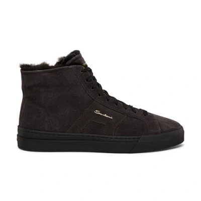 Santoni Men's Grey Suede High Top Double Buckle Sneaker With Fur Gray