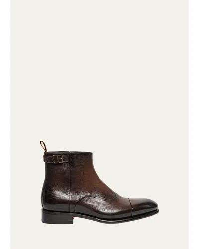 Santoni Men's Ira Grained Leather Cap-toe Side-zip Ankle Boots In Brown