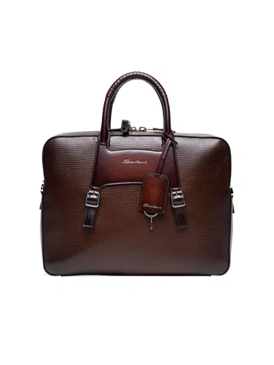 Santoni Men's Leather Buckle Briefcase In Dark Brown
