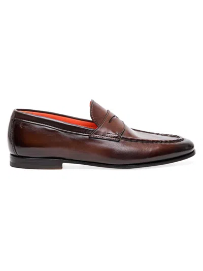 Santoni Men's Leather Penny Loafers In Dark Brown
