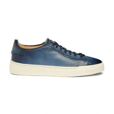 Santoni Men's Polished Blue Leather Perforated-effect Sneaker